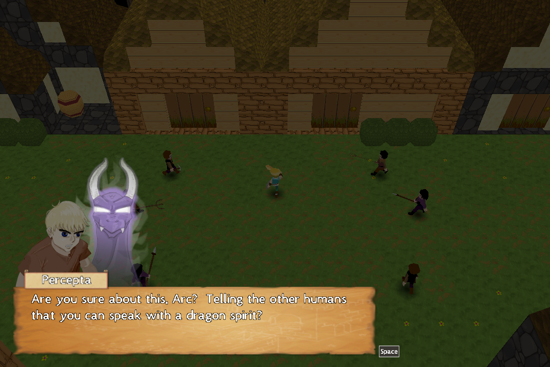 Dragon Banner game clip of the dragon spirit questioning Arc about telling the townsfolk
                 that he can speak with a dragon spirit.